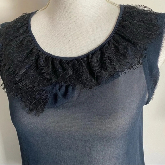 Theory • Navy Sheer With Black Lace Neckline Tank Top - Picture 3 of 5